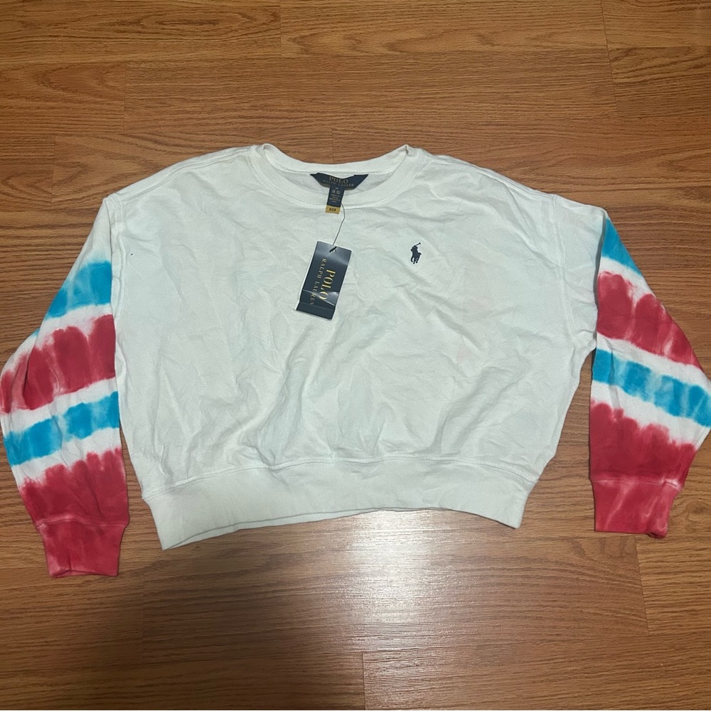 Polo by Ralph Lauren White cropped long sleeve tie dye red white blue